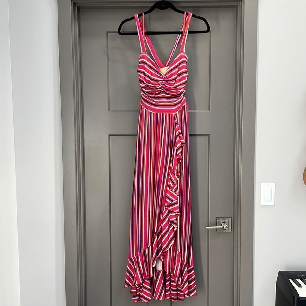 Maeve Gabriela striped maxi dress, pink/blue/cream/rust, sz M